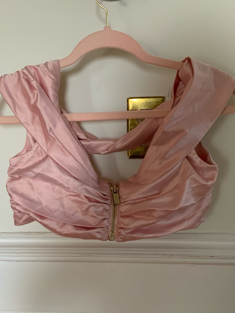 House of CB Blush Pink Satin Ruched Off Shoulder Crop Top S NWOT